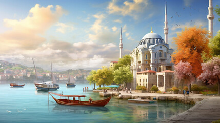 Ortakoy Cami Famous and Popular Landmark in Amazing Istanbul - obrazy, fototapety, plakaty
