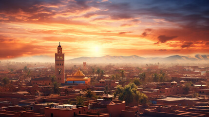 Beautiful Panoramic Sunset View of Marrakech and Old Medina - obrazy, fototapety, plakaty