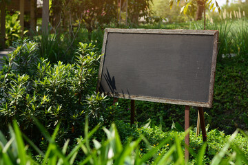 Wooden black board with space for text in the spring garden.