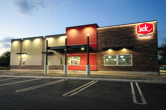 Exterior Front View Of A Jack In The Box Fast Food Restaurant  At Night In Mesa, Arizona