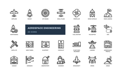 aerospace engineering aviation airplane space technology rocket detailed outline line icon set