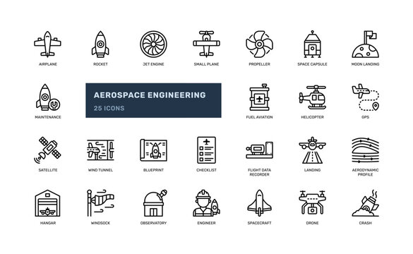 Aerospace Engineering Aviation Airplane Space Technology Rocket Detailed Outline Line Icon Set