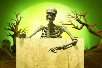 Fototapeta premium Halloween party card, funny human skeleton holding empty sign on graveyard cemetery with full moon background