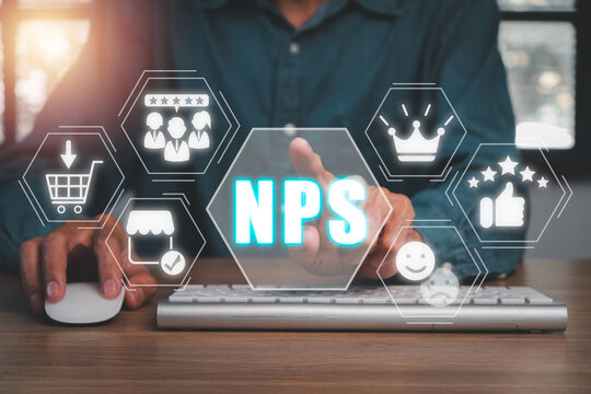 NPS, net promotor score concept, Person working on computer with net promotor score icon on virtual screen.