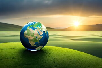 Earth on reflective blue surface. 3D illustration.