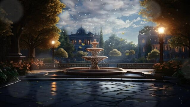  view of the garden area with fountain background.  with anime or cartoon style. seamless looping time-lapse virtual video animation background
