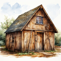 Naklejka premium Idyllic Isolation: A Quaint Wooden Cottage Nestled in the Woods,wooden house in the woods,wooden house in the forest,old wooden house