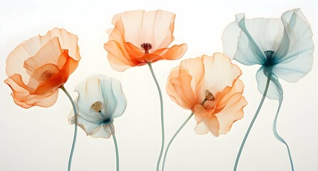 Delicate, thin, fragile opaque flowers on white background. AI generated illustration.