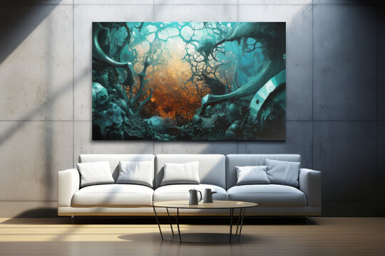 living room interior with fantasy painting