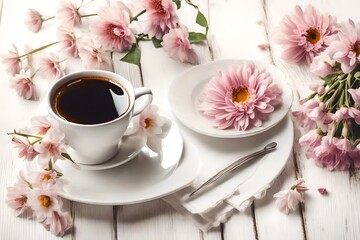 Fototapeta na wymiar cup of coffee and flowers