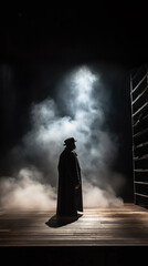 Mystique Unveiled: A Lone Figure on a Foggy Stage,Silhouette of a person in a fog of misty smoke