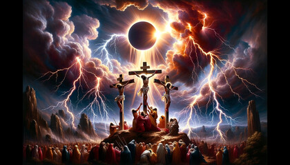 Solar Eclipse and the Electrifying Moment: Golgotha's Crucifixion Drama with Divine Illumination, Jesus Christ Between Two Criminals, Surrounded by Lightning, Dark Clouds, and Golden Sun Rays