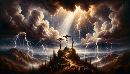 Electrified Crucifixion as Golgotha's Drama Unfolds: Divine Illumination of the death of Jesus Christ on the Cross between two Criminals amidst Dramatic Lightning, Dark Clouds, and Golden Sun Rays. - obrazy, fototapety, plakaty