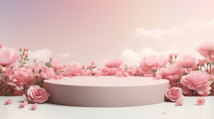 Podium background flower rose product pink 3d spring table beauty stand display nature white. Garden rose floral summer background podium cosmetic valentine easter field scene gift purple day romantic - obrazy, fototapety, plakaty