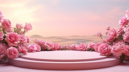 Podium background flower rose product pink 3d spring table beauty stand display nature white. Garden rose floral summer background podium cosmetic valentine easter field scene gift purple day romantic - obrazy, fototapety, plakaty