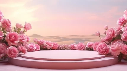 Foto op Canvas Podium background flower rose product pink 3d spring table beauty stand display nature white. Garden rose floral summer background podium cosmetic valentine easter field scene gift purple day romantic © Максим Зайков