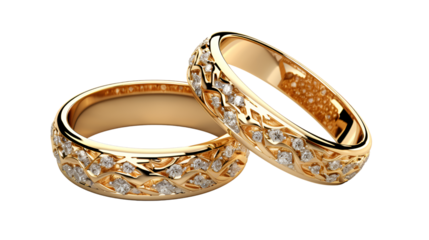 golden wedding rings isolated on transparent background, png, gold, two wedding rings