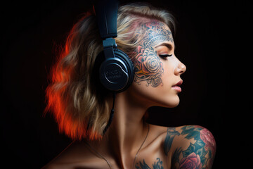  tattooed young woman listening to music using headphones