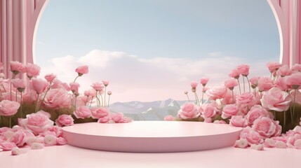 Podium background flower rose product pink 3d spring table beauty stand display nature white....