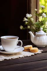 Fototapeta premium .White tea set with cookies on a wooden table on a background of flowers