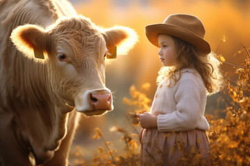 girl with cow on a farm in autumn