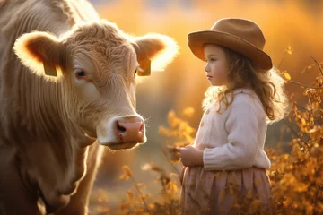 Papier Peint photo autocollant Prairie, marais girl with cow on a farm in autumn