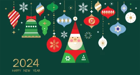 Cercles muraux Chambre denfants Merry Christmas and Happy New Year 2024  holiday template design banner, poster, card, cover  Gifts, Santa, ball toy, christmas tree, snowflake   Modern Xmas flat cartoon cute vector illustration