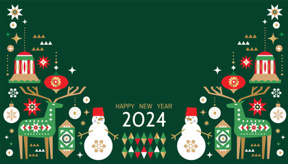Merry Christmas and Happy New Year 2024  holiday template design banner, poster, card, cover  Gifts, Santa, ball toy, christmas tree, snowflake   Modern Xmas flat cartoon cute vector illustration