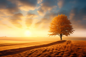the sun shines over an autumn land with a field and trees
