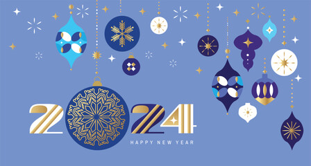 Merry Christmas and Happy New Year 2024  holiday template design banner, poster, card, cover  Gifts, Santa, ball toy, christmas tree, snowflake   Modern Xmas flat cartoon cute vector illustration