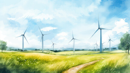 Green eco city illustration. Wind turbines on a grass field. Green environmental infrastructure..Place for text