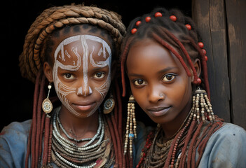 two women in traditional village in ethiopia - obrazy, fototapety, plakaty