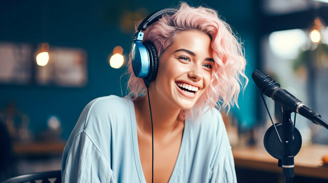A young blogger or gamer of bright appearance, with pink hair, records podcast. Girl Student Streamer conducts a review,