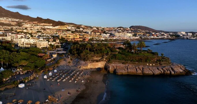 Beautiful aerial view on the pool and palms on island Tenerife Spain, Canary Islands. Amazing landscape to Playa del Duque