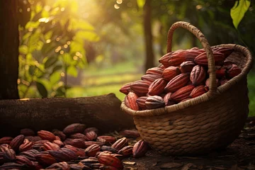Zelfklevend Fotobehang Basket with cocoa beans crop © Aleksandr Bryliaev