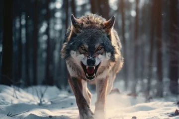 Foto op Plexiglas Portrait of an angry wolf in a winter forest © Aleksandr Bryliaev