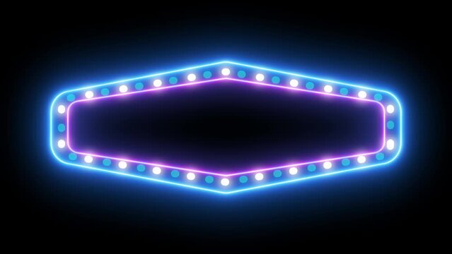 billboard with neon lights and retro vintage round lights flashing and rotating neon advertising signboard animation colors green purple orange blue and pink squares