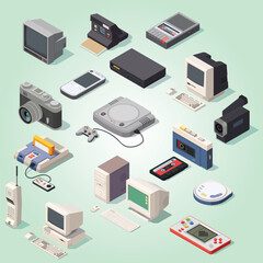different retro gadgets isometric icons set with computer player recorder console phone camera 3d isolated