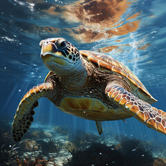 Sea Turtle Swimming in Coral Reef,turtle swimming in the sea