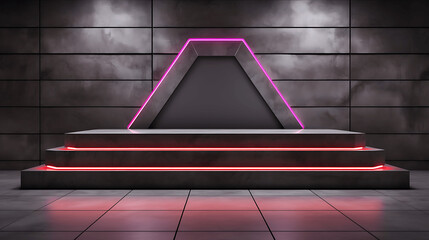 Gray Podium with Textured Wall and Neon Lights for Showcase
