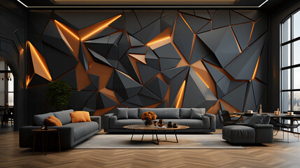 Sophisticated Interior with Black 3D Polygonal Wall