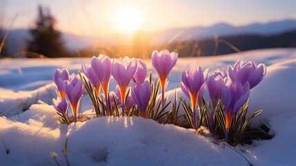 Field of Purple Crocuses Emerging from the Snow in Sunlight - obrazy, fototapety, plakaty