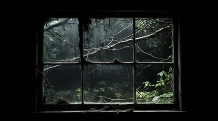 terrifying haunting beauty that cause nightmares and fears. a worn window, immersed in darkness.  generative AI 