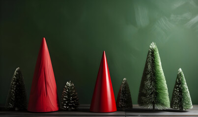 A minimalist Christmas background design. A green Christmas tree and red cones are placed in front of a vintage green backdrop.
