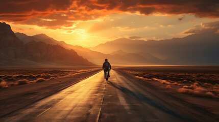 Lone Biker Riding on a Desert Road at Sunset - obrazy, fototapety, plakaty