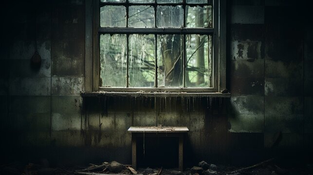 terrifying haunting beauty that cause nightmares and fears. a worn window, immersed in darkness.  generative AI 