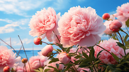 Blooming Pink Peonies Against a Light Blue Background
