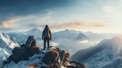 Adventurous Mountain Climber on Snowy Peak - obrazy, fototapety, plakaty