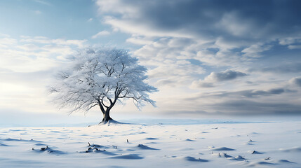 Lone Tree Covered in Snow Standing Tall in an Open Field - Powered by Adobe