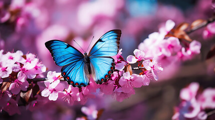 Blue Morpho Butterfly Resting on Pink-Violet Flower